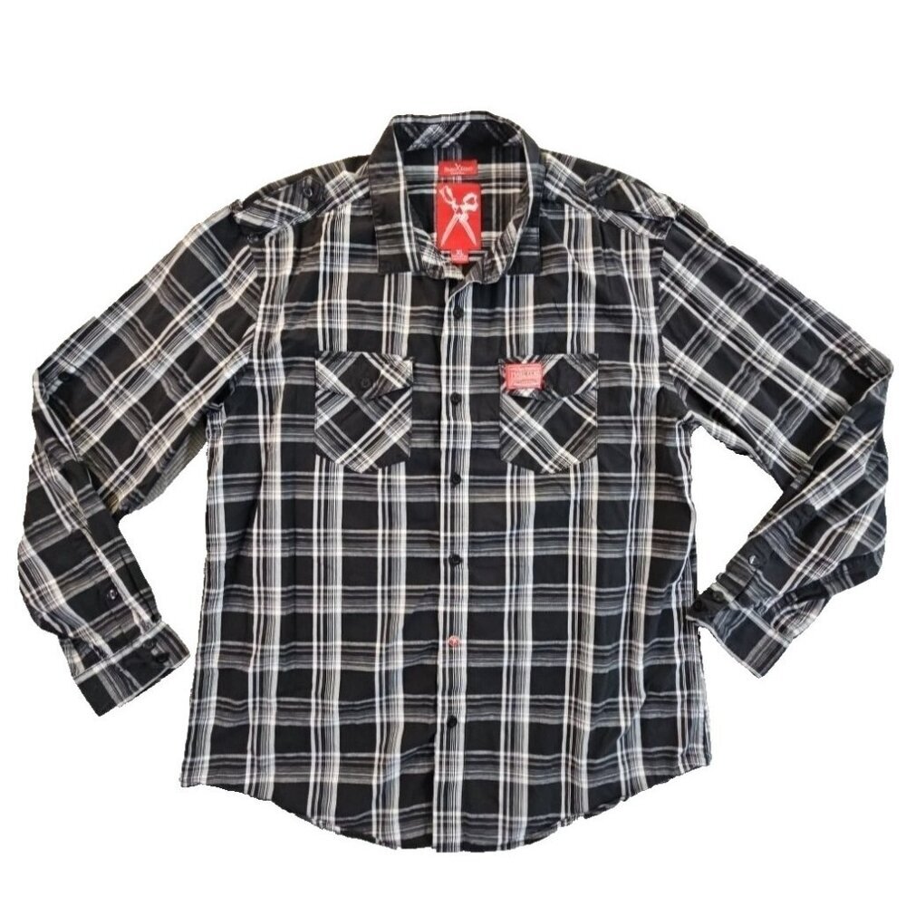 Marc Ecko Cut & Sew Shirt Men's XL Black Plaid Button Up Long  Sleeve Streetwear